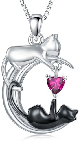 SLIACETE Halskette mit weißem und schwarzem Katzen-Mondanhänger Sterlingsilber Katzen-Halskette Schmuck Geschenk für Frauen
