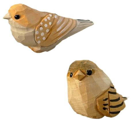 2 Stück Handgefertigte Vogelfigur Holz, Rustikale, Miniaturkunst, Gelb | Handgefertigt, Rustikale Tierskulptur, Miniaturkunst, Geschnitzte Vogelstatue, Wohnraumdekoration