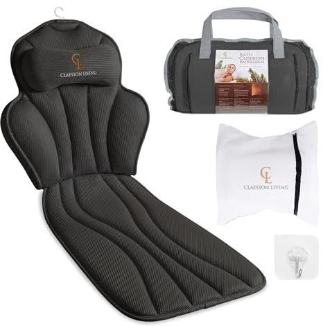 Cojin bañera (152x56cm) - Almohada bañera con apoyacabezas (11cm) y Soportes para el Cuello, Espalda y piernas – Incluye: Bath Pillow, Bolsas de Lavado y de Viaje, Gancho para Secado rápido Negro