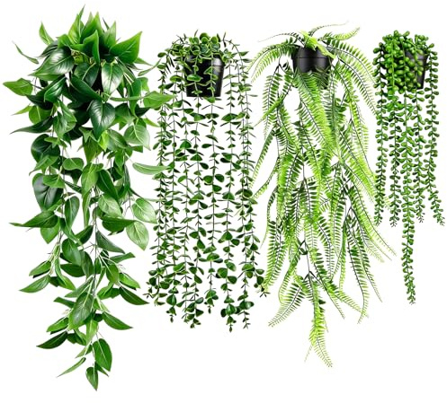 EMMALOUISESMITH 4 piezas planta artificial cayendo con maceta, planta falsa que cae artificial, para el hogar, dormitorio, pared, estante de baño, oficina, interior al aire libre, decoración
