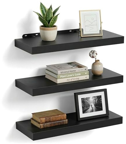 Relaxdays Wandregal, 3er Set, HxBxT: 4 x 60 x 23 cm, Holzoptik, Metall, Wandbretter für Wohnzimmer, Flur, Küche, schwarz