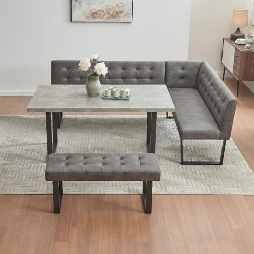 JIEXI Juego de comedor con banco de esquina derecha en forma de L, banco recto y mesa, piel sintética gris, patas de metal, 110 x 70 cm