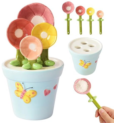 7JI Ceramic Flower Measuring Spoons Set,Flower Baking Scale Spoons Cups | Measuring Spoons Set for Dry & Wet Ingredient,1 TBS 1 TSP 1/2 TSP 1/4 TSP,Unique Baking Gift,Dishwasher Safe
