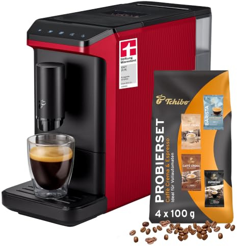 Tchibo Kaffeevollautomat Esperto mini für Caffè Crema und Espresso, nur 16cm breit, klein und kompakt, geeignet für jede Küche, Rot - INKLUSIVE Kaffeeprobierset GRATIS