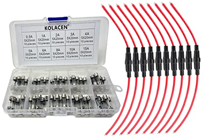 KOLACEN Kfz-Auto-Inline-Schraube Typ 5x20mm AGC Sicherungshalter 16 Awg Draht 10 Stück + Quick Fast-blast Glasrohrsicherung 5 x 20 mm Assortierte Kit (Packung mit 100)