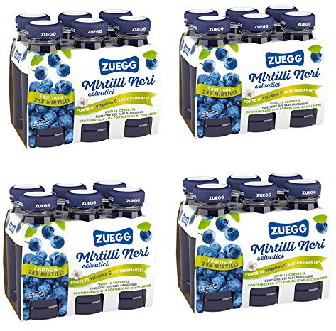 Zuegg Succo di Frutta Nettare di Mirtillo Nero Selvatico in Bottiglia di Vetro (125Ml), Linea Benessere - Fonte di Vitamina C, Frutta 40% Minimo (4 confezioni da 6x125Ml, 24 pezzi)