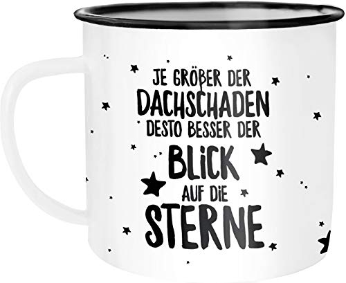 Moonworks Emaille Tasse Becher Spruch Je größer der Dachschaden desto besser der Blick auf die Sterne Kaffeetasse weiß-schwarz unisize