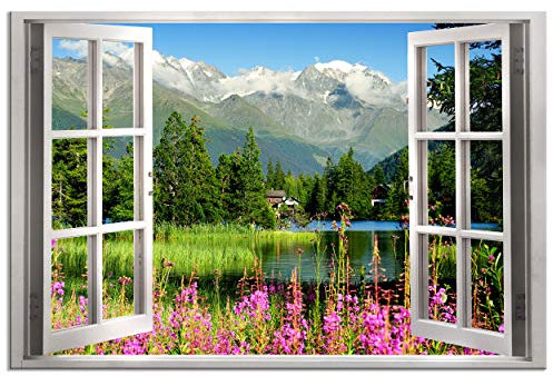 decomonkey - Impression sur Toile Nature Fenetre 120x80 1 Pièce - Tableau Décoration Appartement Déco Salon Peinture sur Toile Arbres montagnes lac paysage nature plantes vue depuis la fenêtre