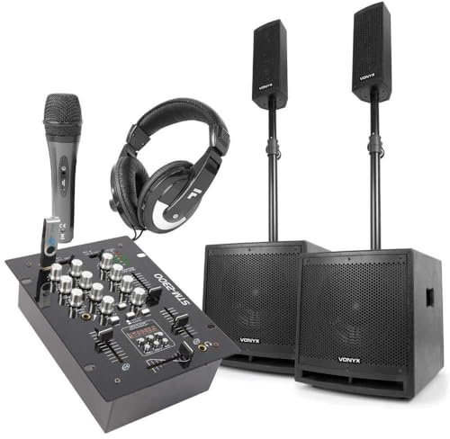 Vonyx 2.2 DJ Lautsprecherset 1000 W – Bluetooth PA System mit 2X 10 Subwoofer, 2X Säulen-Topteilen, STM-2300 USB MP3 2-Kanal Mischpult, Mikrofon, Kopfhörer, Kabel & Stangen, Plug-&-Play Party Anlage