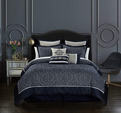 Chic Home Meryl 9-teiliges Steppdecken-Set, Jacquard, geometrische Schnörkel-Medaillon-Muster, solide Bordüre, Bett-Rock, dekorative Kissen, Kissenbezüge, Kingsize, Grau