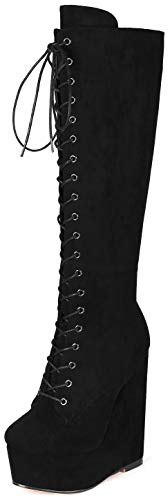 Soireelady Stivali Alti Donna, Stivali con Tacco a Zeppa, Stivali Donna Overknee Tacchi Alti, Stivali con Lacci con Plateau Camoscio Nero EU35