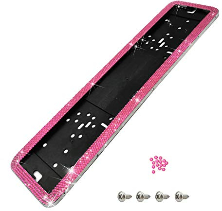 Accessoires De Voiture Cristal De Diamant De Voitures Personnalisée en Acier Inoxydabl,Universal Support Plaque Immatriculation Amovible,Immatriculation Voiture Glitter Strass Décoration(Rose Rouge)