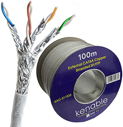 kenable Cable Ethernet de cobre con blindaje externo CAT6A para exteriores, 100 m, color blanco [100 metros]