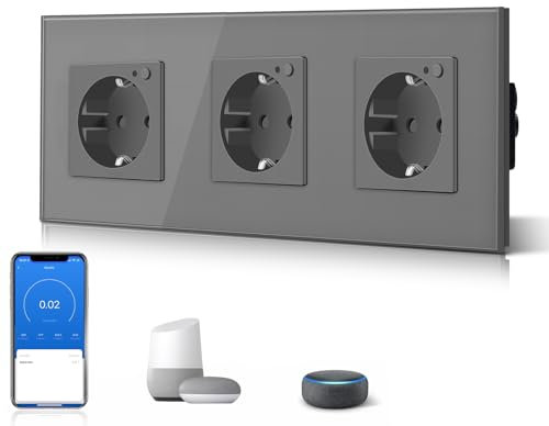 BSEED Schuko Wifi Verdreifach Steckdose Unterputz mit Energieüberwachung 16A Smart Alexa, APP-Steuerung Arbeit mit Alexa/Google Home Stromverbrauch messen, Zeitpläne, Timer, Nur 2.4 GHz Grau