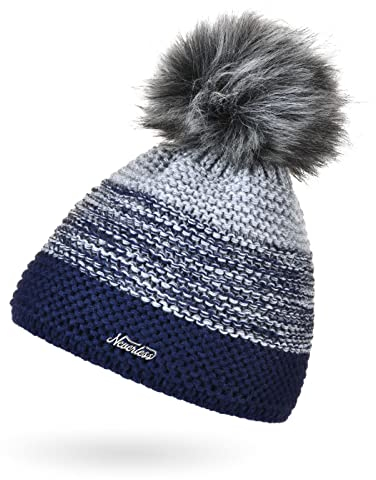 Neverless® Damen Mütze gefüttert Fleece-Innenfutter Fell-Bommel Kunstfell Wintermütze Bommelmütze Grobstrick Mehrfarbig Navy-hellblau Unisize