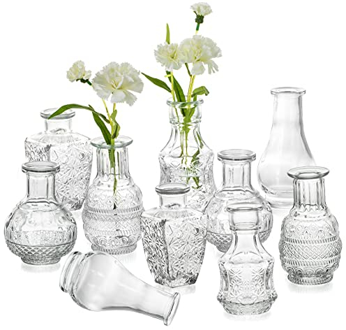 Hewory Kleine Vasen für Tischdeko, 10er Glasvasen Mini Vasen Set Vase Glas Blumenvase Vintage Deko, Vasen Klein Tischdeko Für Wohnzimmer Deko Modern Hochzeitsdeko