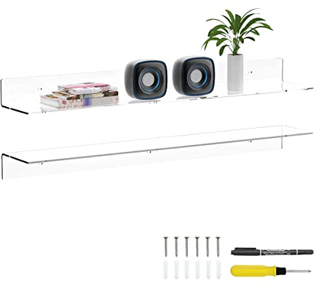 Sezanrpt 36 Inches Clear Long Floating Shelves for Wall, Acrylic Long Wall Shelf, Wall Mounted Shelves for Plants, Radio, Funko Pop, Books, Picture Frame, Clock, Cosmetics, Toiletries, 2 Pack
