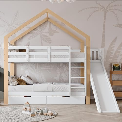 FEZTOY Kinderbett Baumhaus 90 x 200 cm mit 2 Schubladen, Rutsche & Leiter — Etagenbett für Kinder — 2X Lattenrost bis 100 kg — Hausbett aus Massivholz