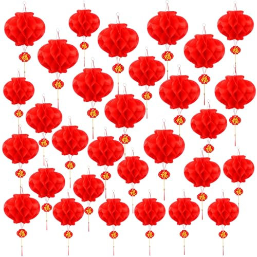 Lot de 30 lanternes chinoises en papier rouge à suspendre pour le Nouvel An chinois - Lanternes décoratives à suspendre pour festival, mariage, maison, restaurant, fête