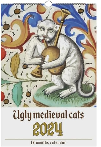 Goowafur Ugly Medieval Cats Calendar 2024,Lustige Mittelalterliche Katzengemälde Wandkalender 2024,mit mittelalterlichen Katzenbildern - Heimdekorationen, Katzenkalender für Wohnzimmer, Schlafzimmer