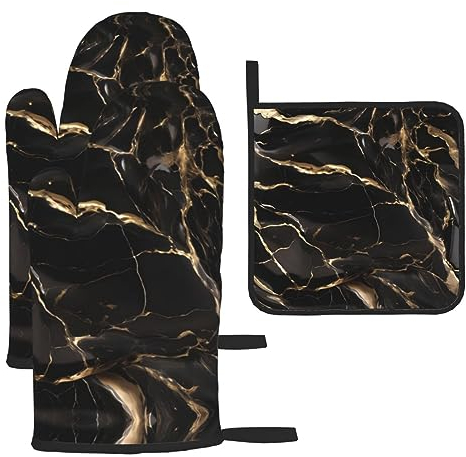 Chrysm Black Gold Marble Oven Gloves-2 Gloves and 1 Pot Holders Sets,Kitchen Oven Mitts Microwave,BBQ-Heat Resistance, CM-CFSJT11151