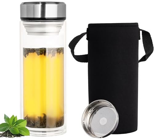 Belle Vous Double-Wall Glass Tea Infuser Bottle - 900ml Borosilicate Water Bottle with Strainer & Cover - Travel Tumbler for Hot/Cold Brew Loose Leaf Tea