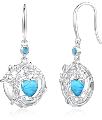 FANCIME Baum des Lebens Ohrringe Sterlingsilber 925 Hängend Zierlich Türkis Anhängerohrringe Dezember Geburtstein Baumelnde Ohrringe Feiner Schmuck Geburtstags Geschenke für Damen Frauen