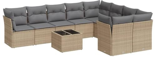 vidaXL Garten Sofa Garnitur 10-TLG., Gartenmöbel Set mit Kissen Stauraum, Sitzgruppe für Garten Terrasse, Modular Gartensofa Lounge, Tisch mit Glasplatte, Beige Poly Rattan