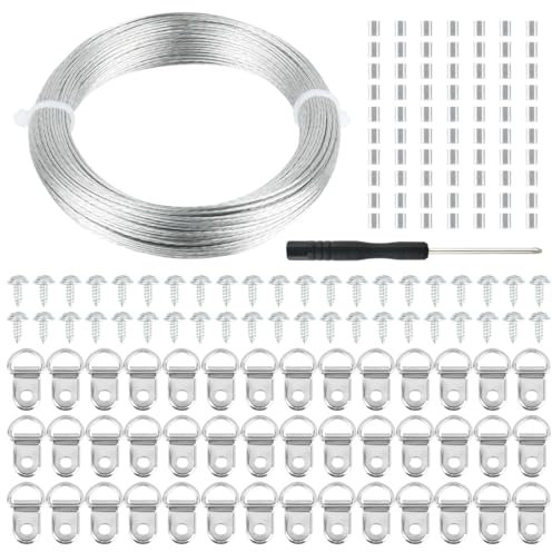 OctBird Picture Hanging Kit,30m Wire,42 D Hooks,42 Screws,70 Crimp Ring Sleeves,1 Screwdriver, Set of Wall Picture Hooks Hanging Picture
