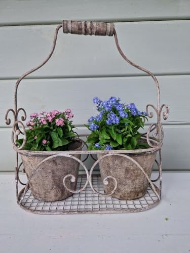 Arinosa Topfhalter Shabby Korb mit Blumentöpfen Metall 29x15,5xH33cm /Topf: D13xH10,5cm