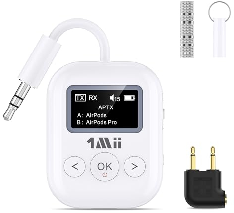 1Mii SafeFly Min+ Bluetooth Transmitter and Receiver, Bluetooth Adapter for Airplanes, 2 Devices Can Be Connected, Use with Any 3.5mm Socket in Airplanes, Fitness Equipment