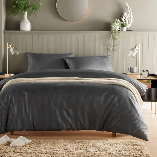 Olivia Rocco Monaco - Set di biancheria da letto con copripiumino Seersucker, super morbido, facile da pulire, traspirante, elegante, con federe, grigio, singolo
