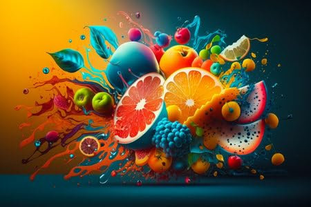 adrium Acryl-Bild 90 x 60 cm: Ein Bild von bunten Früchten, die in die Luft spritzen. Generative KI. (200332405)