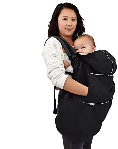 JAN & JUL Housse de pluie imperméable pour bébé, avec capuche et poches, universelle, pour porte-bébé et poussettes, noire