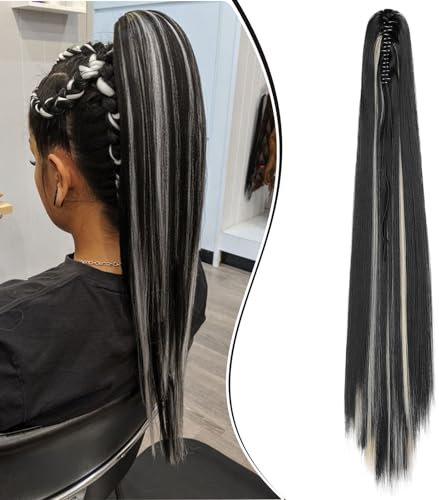 Dcbaboo Pferdeschwanz Haarteil Zopf Extension mit Klammer Glatt Lang Ponytail Extensions Haarverlängerung Clip Synthetik Gerade Pferdeschwanz Haarextension Zopf, 55cm Natürlich Schwarz & Bleichblond