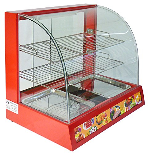 KuKoo Hot Food Display Cabinet Large Commercial Electric Warmer Countertop Heated Curved Glass Showcase Cabinet Catering Buffet 2 Shelves 2 Trays 1200W 80°C Red Steel Pizza Burger Pie 45 x 59 x 66cm