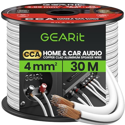 GearIT 12 Gauge 2x4mm² Speaker Cable CCA Wire (30m - White) Copper Clad Aluminum - Great for Hi-Fi Home Theater and Car Speakers - 12awg