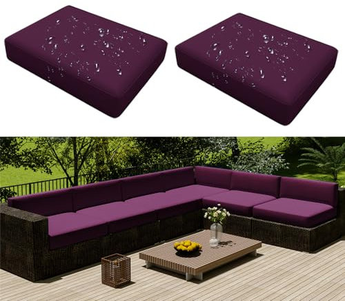 Hiseng Outdoor Sofa Sitzkissenbezug 2er Set Wasserdicht mit Reißverschluss, Terrassenstuhl Sofakissen Bezug Abnehmbar, Wetterfest Sofabezug für Garten Möbel aus Rattan (60x60x10cm,Lila)