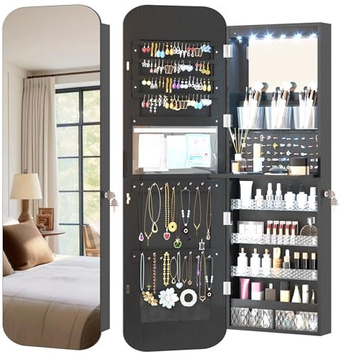 Vlsrka LED Ovaler Schmuckschrank Hängend, Türspiegel/Wandspiegel Schmuckschrank, Schmuckschrank mit Spiegel & Beleuchtung, Schmuckspielgelschrank Holz Abschließbarer, Gewölbter Spiegelschrank, Schwarz