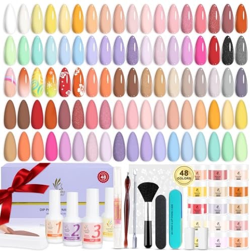 Lavender Violets 62 Pcs Dipping Powder Nail Kit Nude Pink Brown Red Green Blue Purple Glitter Essential Liquid Primer,Base Top Coat Activator with French Nail File Stickers Recycling Tray Manicure 902