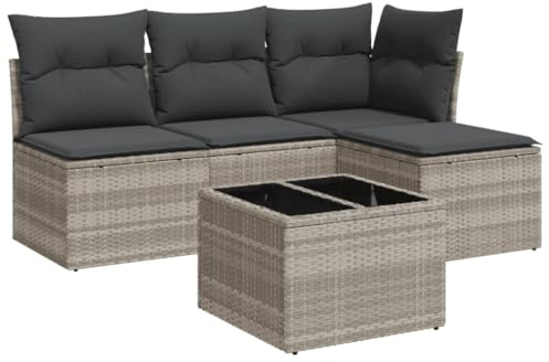 vidaXL Garten Sofa Garnitur 5-TLG., Gartenmöbel Set mit Kissen, Sitzgruppe für Garten Terrasse, Modular Gartensofa Hocker Lounge, Tisch mit Glasplatte, Hellgrau Poly Rattan