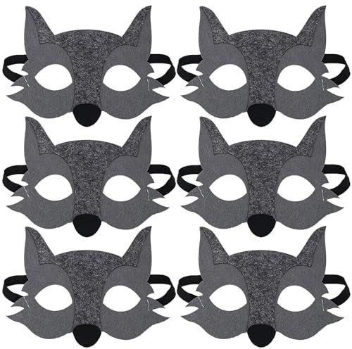 FUIPVGI 6 Pièces Masque de Loup Gris Enfants Moitié Masque Feutre pour Déguisement Cosplay, Carnaval, Fête d'Anniversaire (Gris)