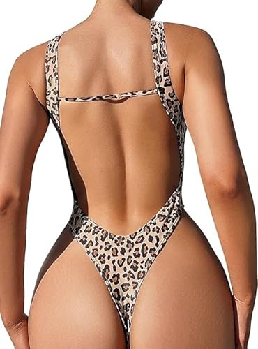 Foxiny Sexy Backless Cheeky High Cut Leg Thong V Neck One Piece Swimsuit Women Tummy Control Brazilian Open Back Bathing Suit Bikini Leopard Medium