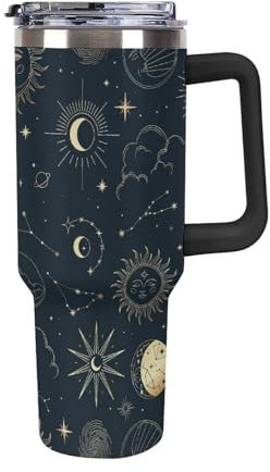 Niapessel Leak Proof Tumbler, Insulated Water Bottles with Straw, Constellations Sun Moon Insulated Cup with Handle 40 Oz Stainless Steel Flask for School, Travel, Car, Sports, Work