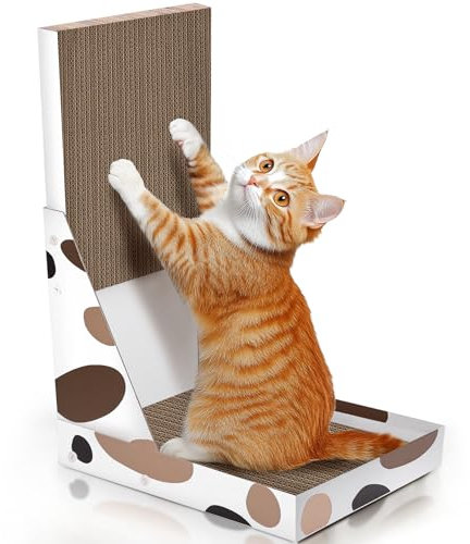 ComSaf Rascador para gatos, tabla de rascar de cartón con caja para recoger restos sin ensuciar, poste rascador vertical para gatos en forma de L, almohadilla vertical para gatos de interior,