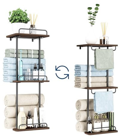 Rangement mural pour petite salle de bain, étagère à 2 niveaux, porte-serviettes mural pour serviettes roulées, porte-serviettes avec étagère en métal, organiseur de serviettes avec tige de suspension