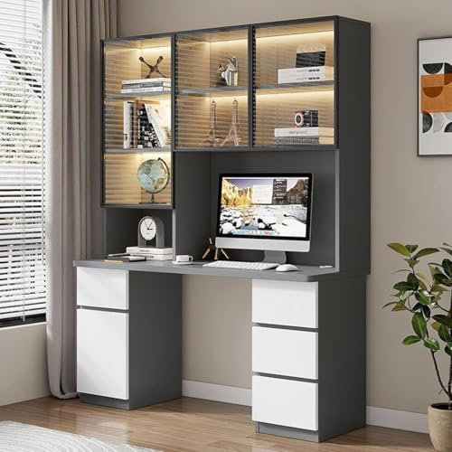 Moderno escritorio de oficina gris con cajones y puerta de cristal para el hogar, oficina, estudio, trabajo y dormitorio, tamaño 80 cm, elegante escritorio para computadora