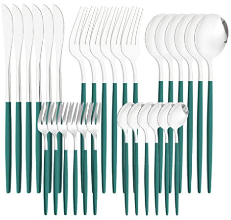 30PCS Stainless Steel Tableware,Silverware Set Stainless Steel Flatware Tableware Cutlery Utensil Set for Kitchen,Dark Green
