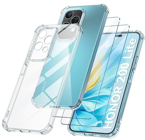 FLLAO Cover Compatibile con Honor 200 Lite 5G con 2 Vetro Temperato [Protezione Fotocamera] Anti Ingiallimento Antiurto Cover Silicona TPU Morbido Custodia per Honor 200 Lite 5G - Trasparente