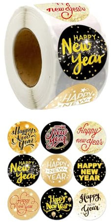 TSMORY 500 Stück Aufkleber Happy New Year, selbstklebende Verpackungsetiketten, Aufkleber für Geschenketui, Paket, Karten, Süßigkeitentüten